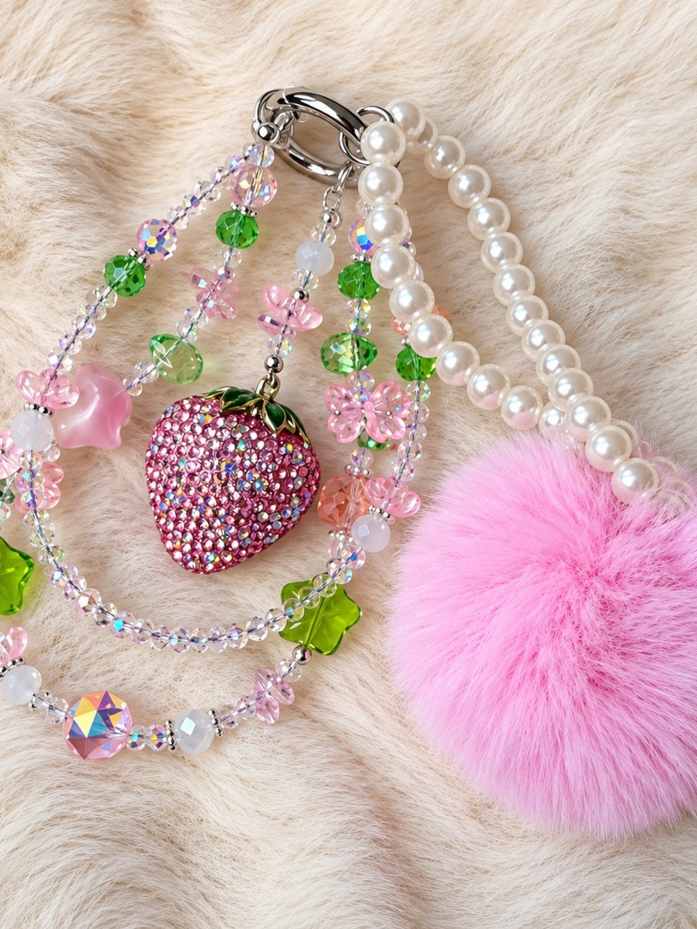 Pink Strawberry Charm Beaded Keychain with Pom Pom